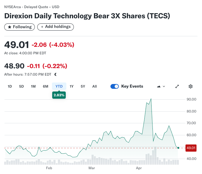 Direxion Daily Technology Bear 3X Shares (TECS) 2025 YTD Chart