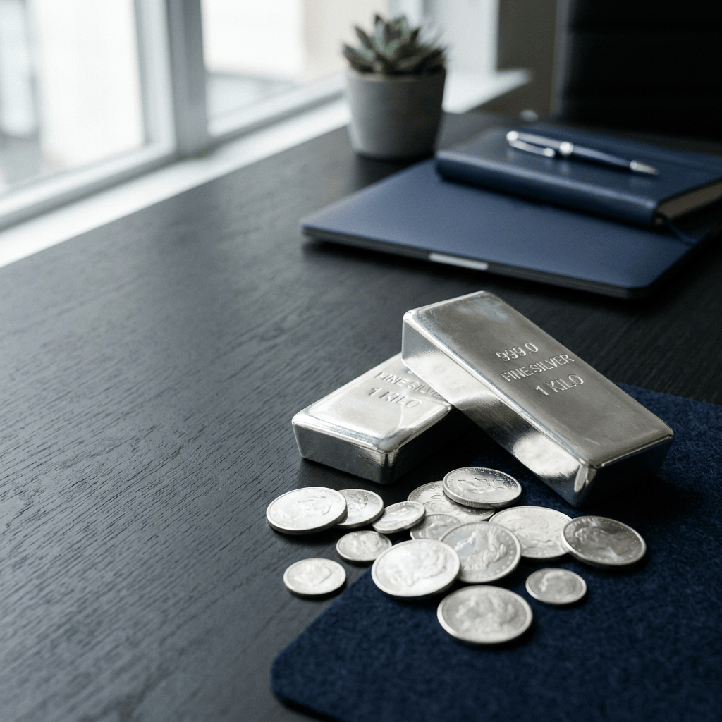 Two silver bars and scattered silver coins on a desk